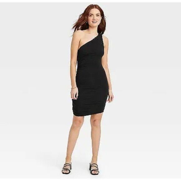 Women's a new day Ruched One Shoulder Knit Mini Dress Black Small - Picture 2 of 6